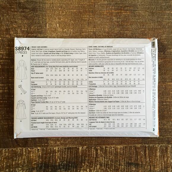 Simplicity Sewing Pattern S8974 Long Coat Costume Fallout Fantasy 6-14 UNCUT - Picture 2 of 2